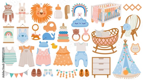 Baby furniture and clothes. Nursery elements, animal toys, decor, cradles, rattles and newborn accessories in scandinavian style vector set photo