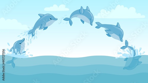 Dolphin jump out of water. Cartoon marine landscape with jumping dolphins and splashes. Cute ocean dolphin character vector animation frames