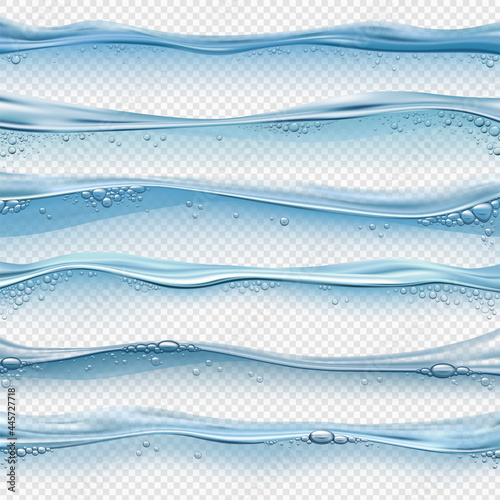 Realistic water waves. Sea, ocean or pool liquid surface with bubbles and splashes. Waterline and transparent underwater effect vector set