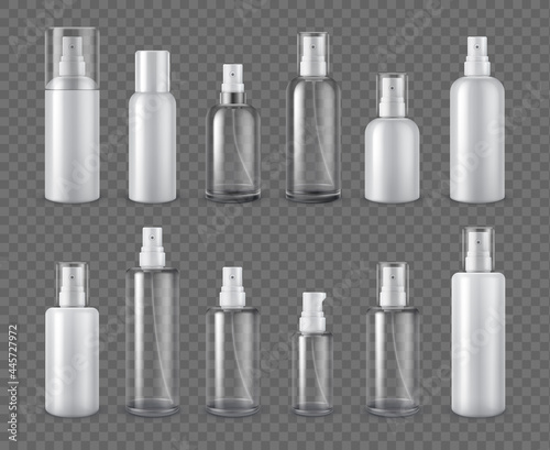 Spray bottles. Realistic cosmetic aerosol, deodorant or sprayer clear bottle package mockups. 3d plastic cream dispenser with cap vector set