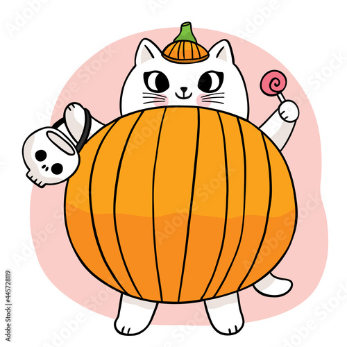 Cartoon cute hand draw cosplay pumpkin cat, Halloween day vector.