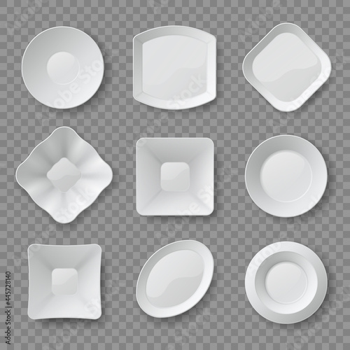 Realistic dishes. 3d white empty food plates, saucers and bowls top view. Clean porcelain dish mockups. Ceramic dishware designs vector set
