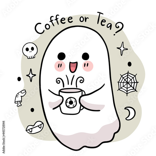 Cartoon cute hand draw ghost and coffee cup, Halloween day vector.