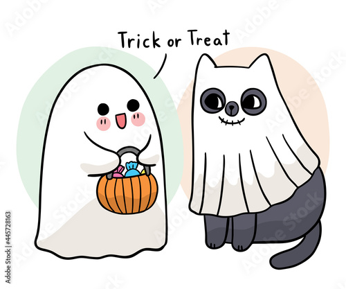 Cartoon cute hand draw ghost and black cat trick or treat, Halloween day vector.