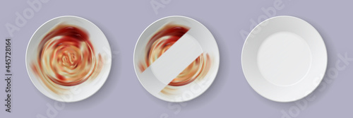 Realistic dirty dish. Process of cleaning dinner plate with dishwashing soap. 3d dishes with food leftovers and clean stripe vector template