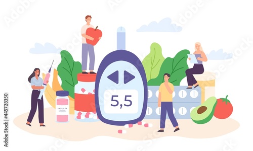 Diabetes poster with characters. Tiny people with diet food, diabetic medications and glucometers for sugar level blood test vector concept