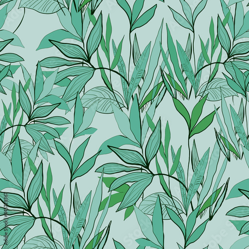 Botanical tropical green leaves in seamless pattern