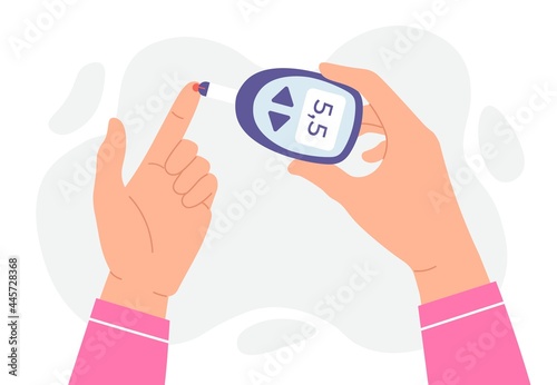 Blood glucose test. Hands hold glucometer and measures sugar level by finger stick. Diabetes monitoring and analysis device vector concept