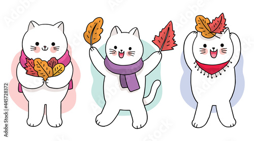 Cartoon cute hand draw cats and leaves set, Autumn vector.