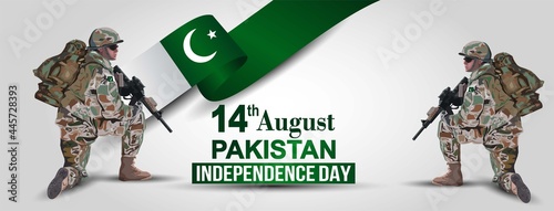 illustration of 14th of august background for Happy Independence Day of Pakistan. a soldier with gun and flag. Vector illustration.