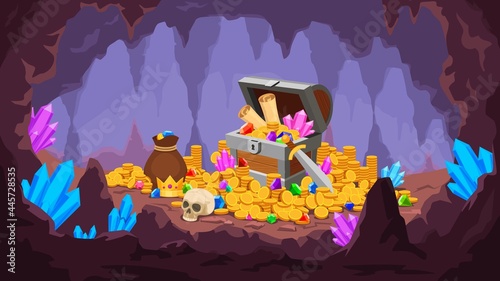 Treasure cave. Mine with pile of gold coins, crystals, old chest with map and gem, money bag and skull. Cartoon pirate treasury vector scene