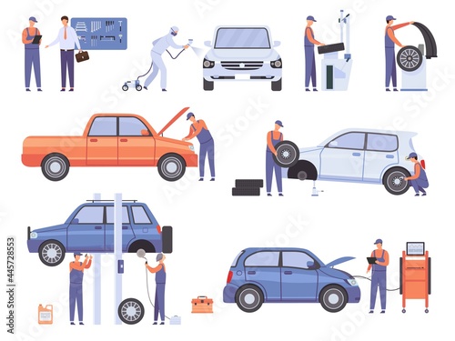Car repair service workers. Mechanic in automobile workshop change wheels and fix damage vehicle. Cars maintenance center people vector set