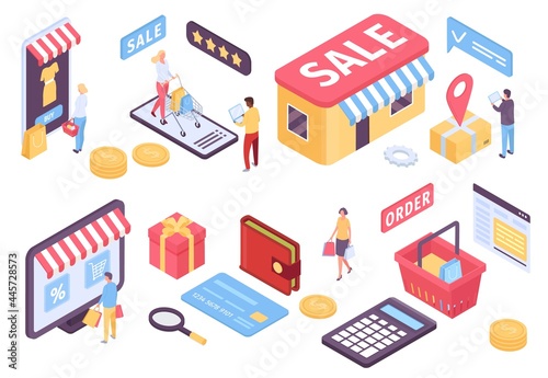 Isometric online shopping. Ecommerce mobile application for marketplace, shop discount and payment. Customers with bags and carts vector set