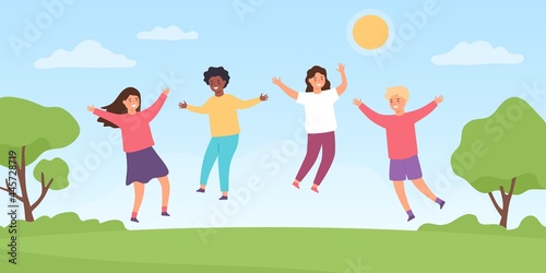 Kids jump on meadow. Cartoon happy children boys and girls playing outside. Childhood summer fun activity at park. Friendship vector concept