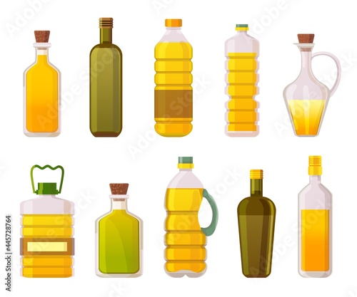 Oil bottles. Sunflower, olive, corn and vegetable cooking oils in glass and plastic packages. Extra virgin organic oil products vector set