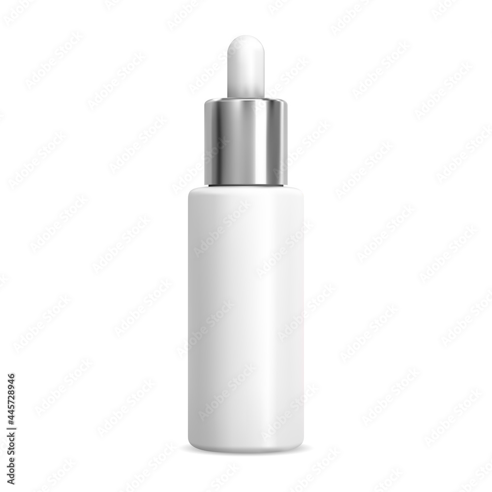 Serum dropper cosmetic bottle, white pipette flask mockup, isolated 3d vector container. Natural essence drop vial, white glass with silver. Face treatment, medicine pack illustration Serum dropper cosmetic bottle, white pipette flask mockup, isolated 3d vector container. Natural essence drop vial, white glass with silver. Face treatment, medicine pack illustration