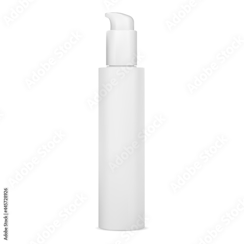 Pump bottle mockup. White cosmetic lotion package. Face serum dispenser container, isolated on white background. Cleansing foundation liquid press bottle