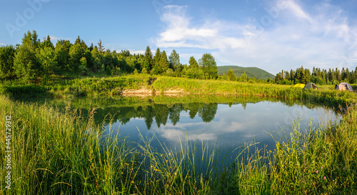 Beautiful small lake with reflection of fir trees in the water in the Carpathian mountains.Ukraine