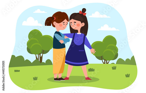 Little girls are friends. Girl in a dress comforts a crying friend. A quarrel between best friends. Children walk and play in the park. Cartoon flat vector illustration isolated on a white background