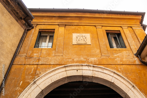 View on the building of the old bridge in the city of Bassano del Grappa, Vicenza - Italy