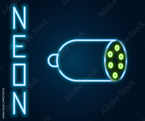 Glowing neon line Salami sausage icon isolated on black background. Meat delicatessen product. Colorful outline concept. Vector