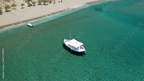 Aerial drone photo of paradise sandy beach of Agia Kiriaki with emerald clear sea in South Milos island, Cyclades, Greece © aerial-drone