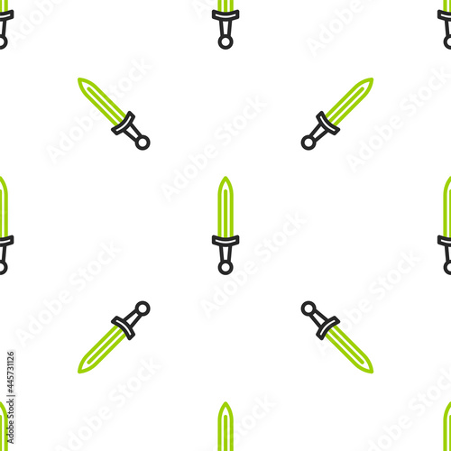 Line Medieval sword icon isolated seamless pattern on white background. Medieval weapon. Vector