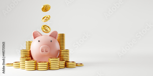 Pink piggy bank and heap of US dollar gold coins falling on pink background for money saving and deposit concept , creative ideas by 3D rendering technique.