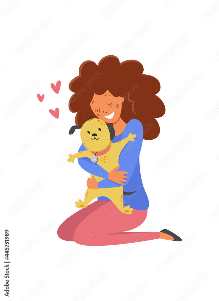 Woman hugs her dog with love, the concept of the relationship between people and their pets, adopt, shelter. Vector flat illustration in cartoon style