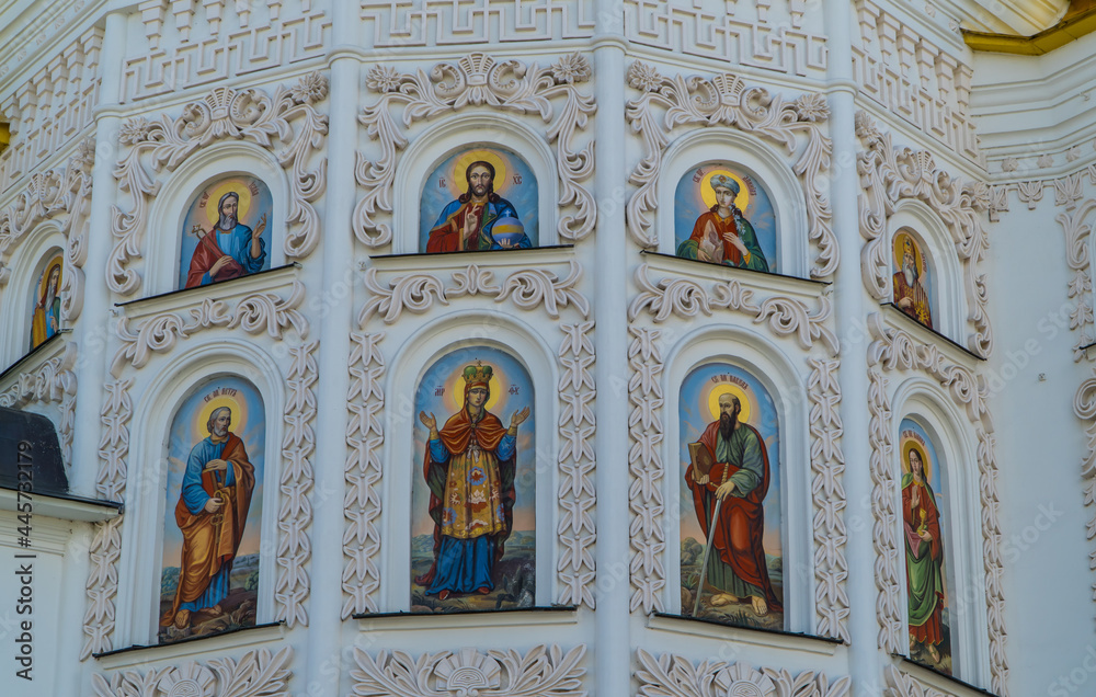 Orthodox Christian murals on the outside of Cathedral of the Dormition in Kiev-Caves (Pechersk Lavra) - Kyiv, Ukraine