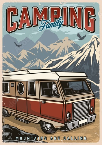Summer camping colorful vintage poster