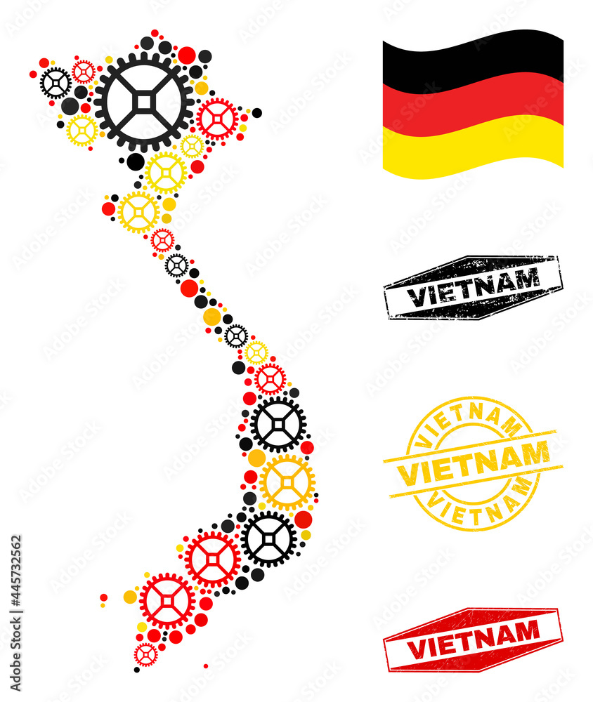 Repair service Vietnam map mosaic and seals. Vector collage is designed of cog icons in variable sizes, and Germany flag official colors - red, yellow, black. Repair service Vietnam map mosaic and seals. Vector collage is designed of cog icons in variable sizes, and Germany flag official colors - red, yellow, black.