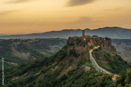 Civita di Bagnoregio, panoramic view at dawn. Archive photo.Civita di Bagnoregio, Europe, Italy, Lazio.