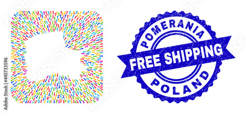 Vector collage Pomeranian Voivodeship map of out arrows and grunge Free Shipping stamp. Collage Pomeranian Voivodeship map constructed as carved shape from rounded square shape with motion arrows.