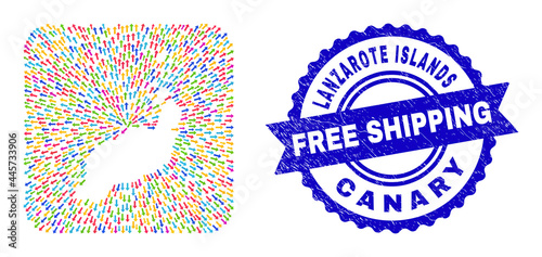 Vector collage Lanzarote Islands map of straight arrows and rubber Free Shipping badge. Collage Lanzarote Islands map constructed as hole from rounded square with emigration arrows.