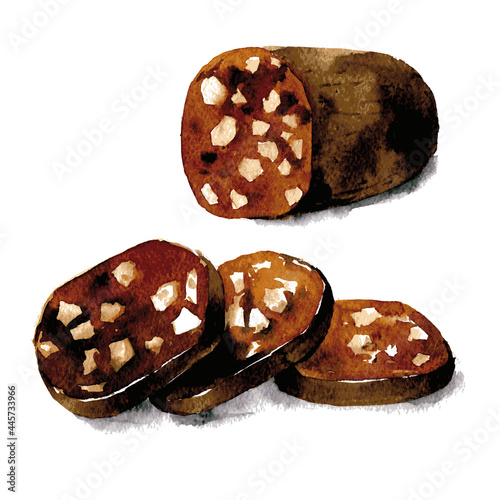 Dessert chocolate sausage. Watercolor illustration isolated on white background