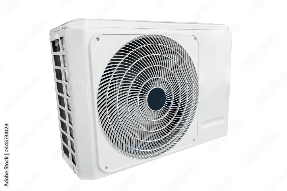 Fototapeta premium Air condition outdoor unit compressor isolated on white background. Split air conditioner machine isolated on white background. Air compressor.