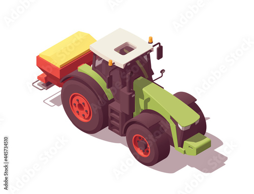 Isometric tractor with agricultural equipment set. Isolated low poly green tractor with red fertilizer spreader on white backgroung. Vector illustrator. Collection