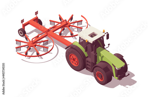 Isometric tractor with agricultural equipment set. Isolated low poly green tractor with red rotary rake on white backgroung. Vector illustrator. Collection