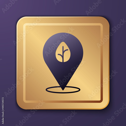 Purple Vegan food diet icon isolated Purple background. Organic, bio, eco symbol. Vegan, no meat, lactose free, healthy, fresh and nonviolent food. Gold square button. Vector