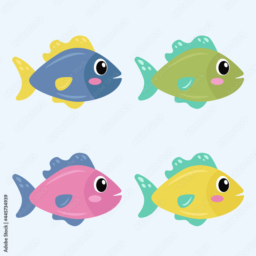 Cute colorful cartoon fish set with big eyes. Sea life. Flat vector illustration