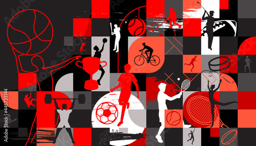 Vector illustration of sports abstract background design with sport players in different activities. football, basketball, baseball, badminton, tennis, rugby, bicycling, golf