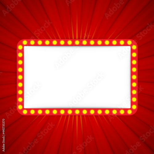 Retro frame with glowing lamps on red sunburst background