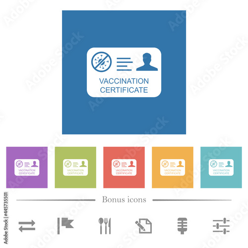 Vaccination certificate flat white icons in square backgrounds