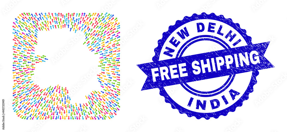 Vector collage New Delhi City map of out arrows and rubber Free Shipping seal. Collage New Delhi City map created as carved shape from rounded square shape with pointer arrows.