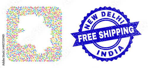 Vector collage New Delhi City map of out arrows and rubber Free Shipping seal. Collage New Delhi City map created as carved shape from rounded square shape with pointer arrows.