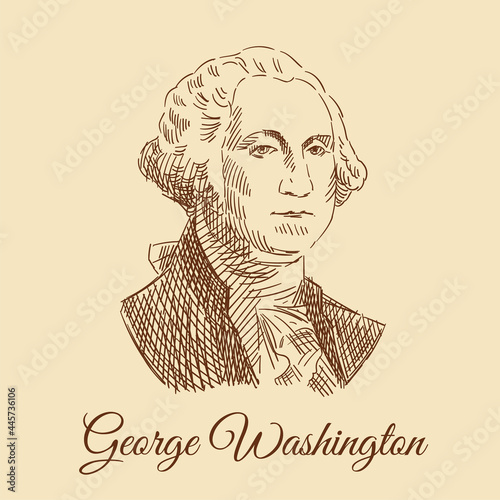 Sketch portrait of Jeorge Washington, from a 1$ banknote. Engraving portrait of the President of America. Portrait of a man in an antique suit. Vintage brown and beige card, hand-drawn, vector.  photo