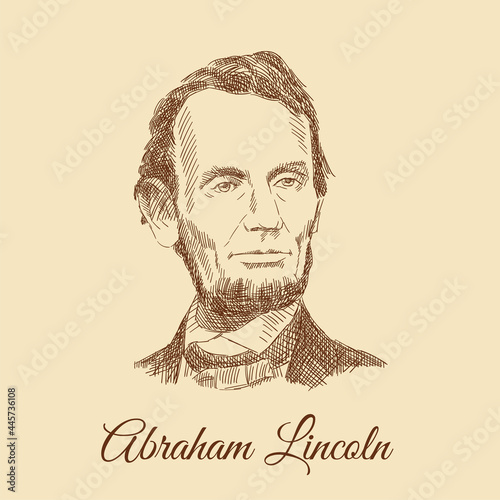 Sketch portrait of Abraham Lincoln, from a 5$ banknote. Engraving portrait of the President of America. Portrait of a man in an antique suit. Vintage brown and beige card, hand-drawn, vector. photo