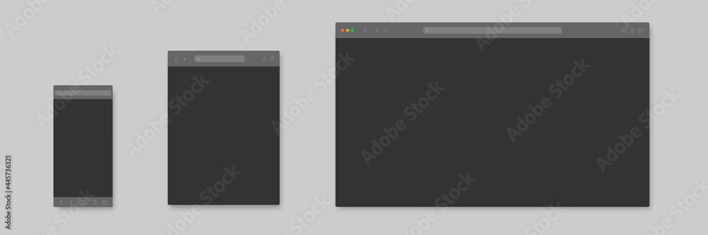 browser window mockup. website template vector frame. web site computer screen mock up. pc, laptop, mobile, tablet browser view isolated dark night black theme mode
