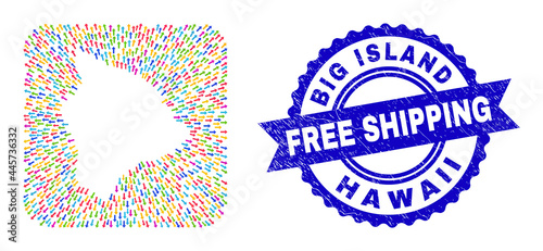 Vector collage Hawaii Big Island map of away arrows and scratched Free Shipping stamp. Collage Hawaii Big Island map constructed as hole from rounded square shape with motion arrows.